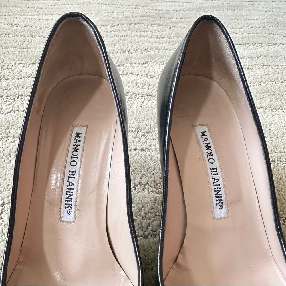 Manolo Blahnik Tuccio Autographed Black Pointy Toe Pumps 70mm Heel Sz IT 36.5